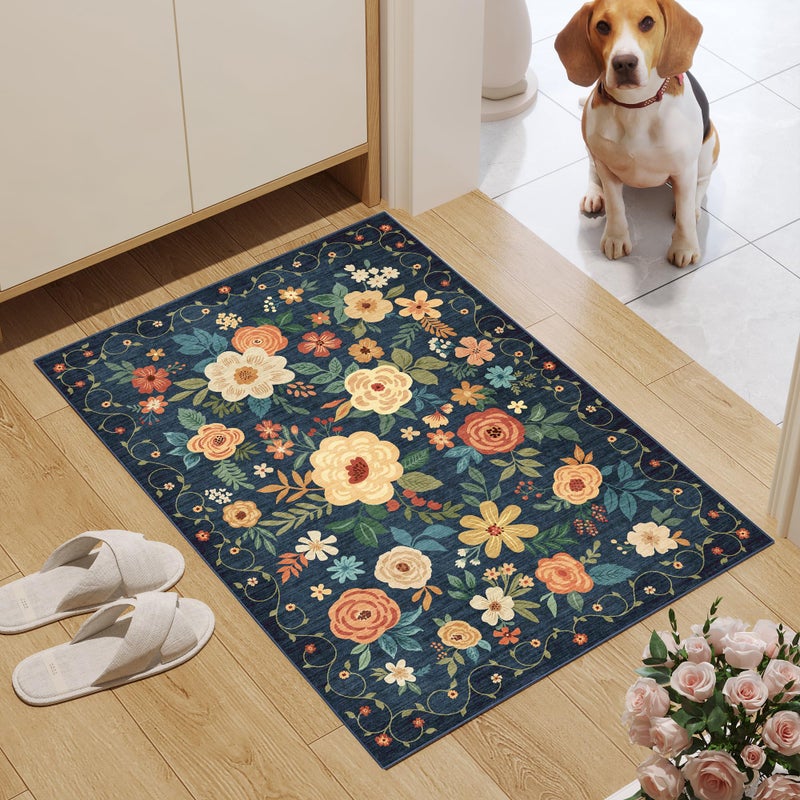DUKINO 2x3 Rugs for Entryway, Floral Indoor Washable Door Mat, Non Slip Boho Small Rug for Kitchen, Soft Low Pile Front Door Throw Rug for Entrance, Bedroom, Kitchen, Laundry, Bathroom, Dark Blue - Image 2