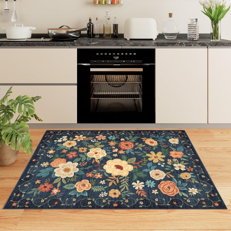 DUKINO 2x3 Rugs for Entryway, Floral Indoor Washable Door Mat, Non Slip Boho Small Rug for Kitchen, Soft Low Pile Front Door Throw Rug for Entrance, Bedroom, Kitchen, Laundry, Bathroom, Dark Blue - Image 3