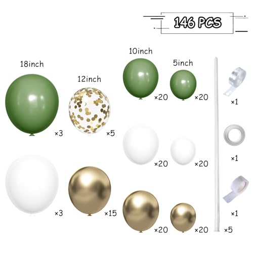 MEBAY Green White Gold Balloon Arch Kit 146Pcs Avocado Green Metallic Chrome Gold Confetti and White Latex Balloons for Wedding Birthday Baby Shower Decoration - Image 5