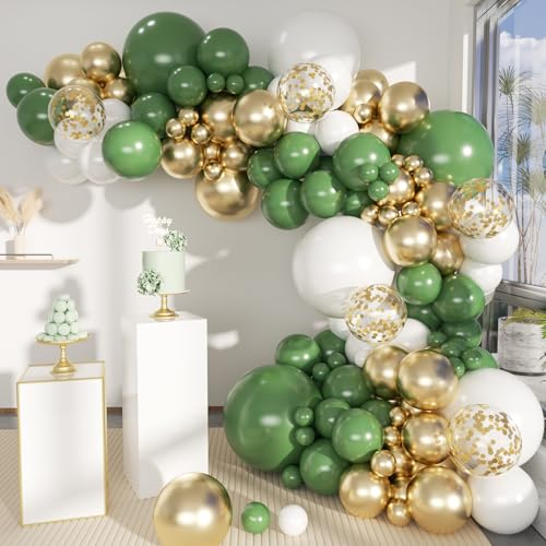 MEBAY Green White Gold Balloon Arch Kit 146Pcs Avocado Green Metallic Chrome Gold Confetti and White Latex Balloons for Wedding Birthday Baby Shower Decoration - Image 1