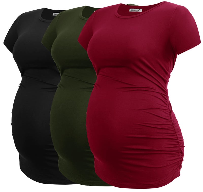 Smallshow Women's Maternity Tops Side Ruched Tunic T-Shirt Pregnancy Clothes Medium Army Green-Black-Burgundy