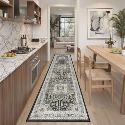 Madane Washable Runner Rug 2x8, Runners for Hallways Non-Slip Kitchen Runner Rugs Ultra-Thin Laundry Room Carpet Runner for Entrance Living Dinning Room Foyer, Grey Green/Black Olive - Image 1