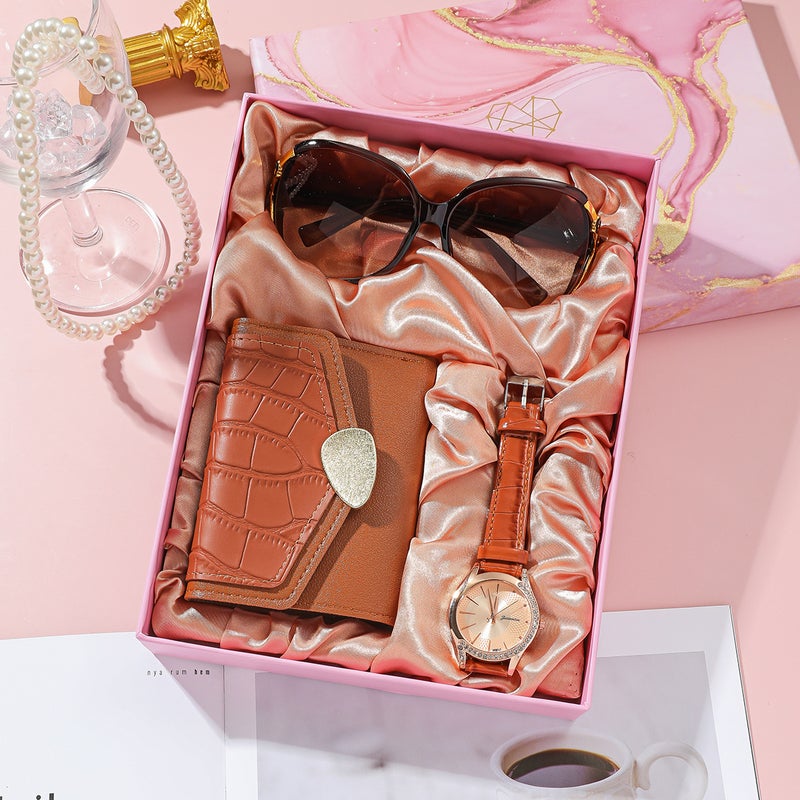 Womens Gift Set Opening Activities Accompanying Gift to Female Customers Fashion Good Sunglasses Wallet Gift Box Belt Round Watch Set 