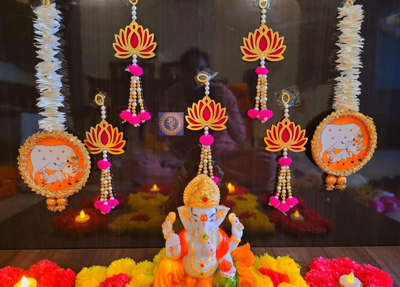 SP SELLPLUS Sellplus Handmade Item Backdrop Satup Combo Set of 5 Cardboard Lotus String 2 Cow Paper Gajra String for Ganesh Chaturthi Puja Ghar Diwali and All Festival Decoration 