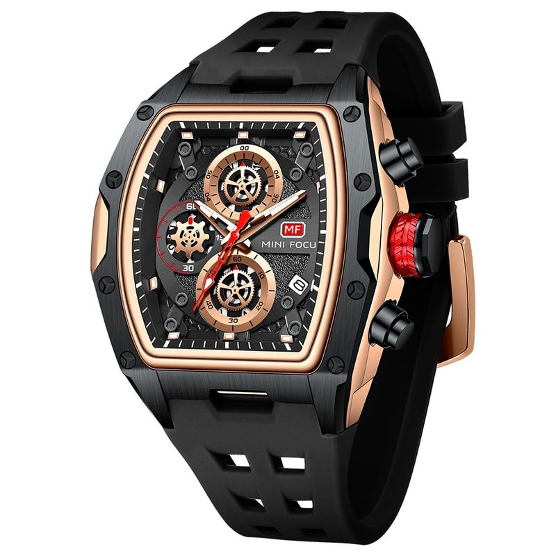 MF MINI FOCUS Men Watch Unique Tonneau Casual Wrist Watches ChronographWaterproofLuminousCalendar24 Hours Silicon Band Fashion Watch for MenBlack Golden MF0473G01 - Image 2