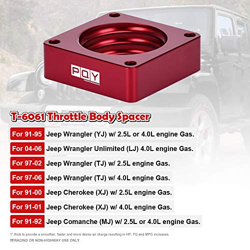 PQY Throttle Body Spacer Compatible with 91-06 Jeep Wrangler TJ YJ LJ Cherokee XJ 2.5L/4.0L Engine Gas MJ w/Gasket 1" Raise Manifold Carb Red - Image 2