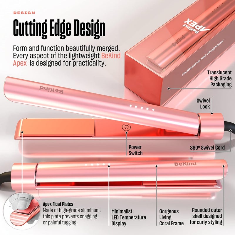 Be Kind Apex 2-in-1 Hair Straightener Flat Iron | 1“ 460°F Straightener and Curler for All Hairstyles | UltraSmooth Tech | 15s Fast Heating & Temp Memory | Gift Set for Girls Women (Apex Peach) - Image 4