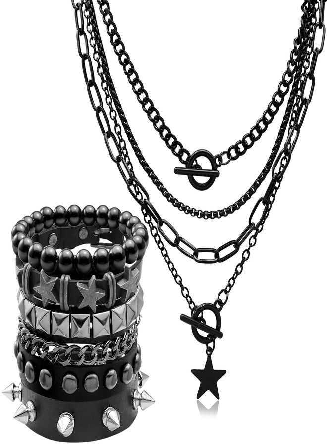 Fscwlmon 5 Pcs Layered Star Grunge Emo Studded Bracelets Goth Necklace Set for Women Men Y2K Star Guitar Gothic Choker Punk Rock Spiked Leather Bracelets 80s Emo Accessories Y2K Goth Jewelry Gifts XX - Image 1