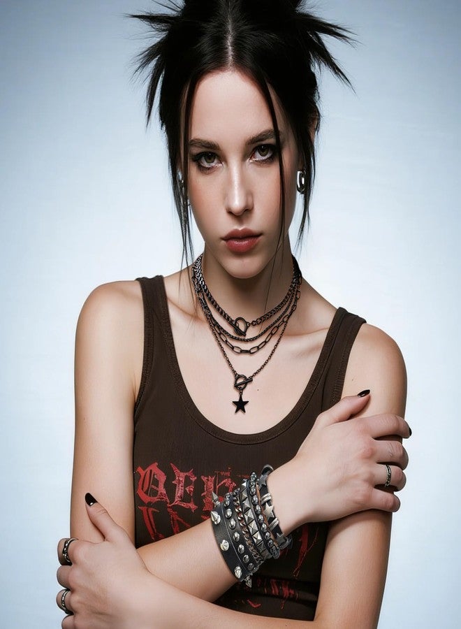 Fscwlmon 5 Pcs Layered Star Grunge Emo Studded Bracelets Goth Necklace Set for Women Men Y2K Star Guitar Gothic Choker Punk Rock Spiked Leather Bracelets 80s Emo Accessories Y2K Goth Jewelry Gifts XX - Image 2