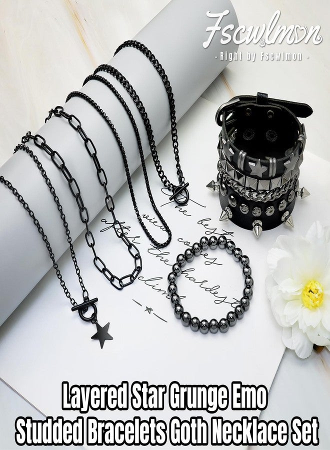 Fscwlmon 5 Pcs Layered Star Grunge Emo Studded Bracelets Goth Necklace Set for Women Men Y2K Star Guitar Gothic Choker Punk Rock Spiked Leather Bracelets 80s Emo Accessories Y2K Goth Jewelry Gifts XX - Image 3