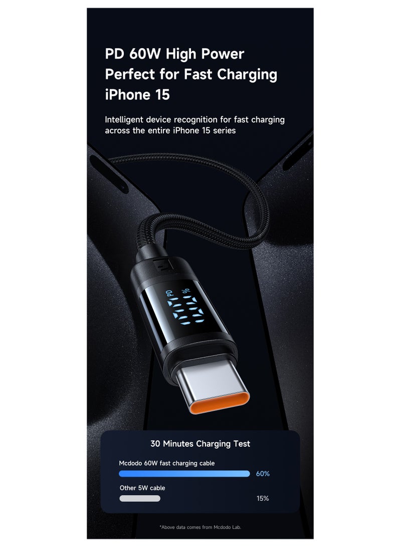 Mcdodo BAT Series USB-C to USB-C 60W PD Fast Charging Cable with LED Display Nylon Braided Compatible with iPhone 15 & 16 MacBook Samsung S24 Ultra and More - Image 4