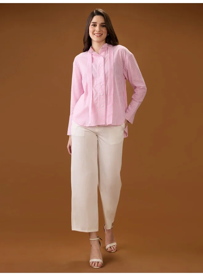 globus Women Pink Mandarin Collar Cuffed Sleeves Striped Tie Detail High-Low Hem Workwear Shirt