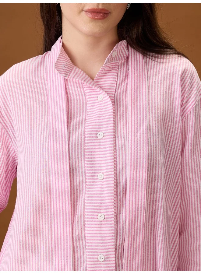 globus Women Pink Mandarin Collar Cuffed Sleeves Striped Tie Detail High-Low Hem Workwear Shirt