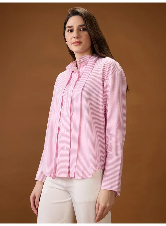 globus Women Pink Mandarin Collar Cuffed Sleeves Striped Tie Detail High-Low Hem Workwear Shirt