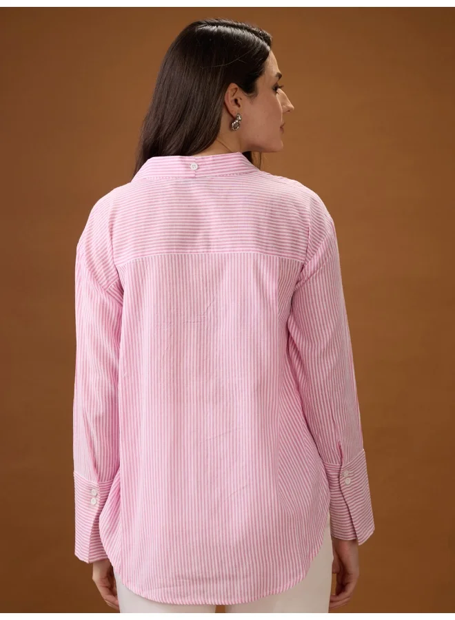 globus Women Pink Mandarin Collar Cuffed Sleeves Striped Tie Detail High-Low Hem Workwear Shirt