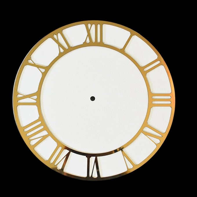 12 INCH ROUND MIRROR ACRYLIC CLOCK DIAL PLATE OF ROMAN NUMERALS AND 12 INCH MDF ROUND BASE RESIN ACCESSORIES