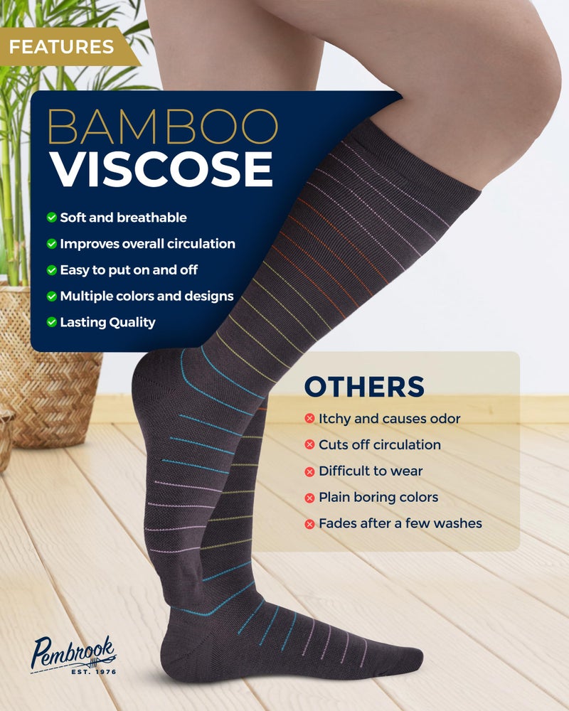 Pembrook Bamboo Viscose Light Compression Socks - 3 Pairs | Mens and Womens Compression Socks 8-15 mmHg | Navy, Dark Grey, Light Grey (Colorful Stripes) - Image 4