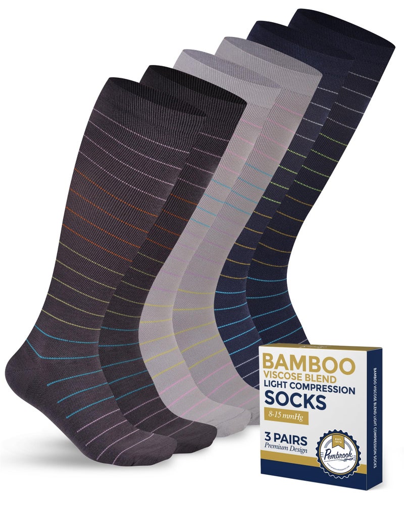 Pembrook Bamboo Viscose Light Compression Socks - 3 Pairs | Mens and Womens Compression Socks 8-15 mmHg | Navy, Dark Grey, Light Grey (Colorful Stripes) - Image 1