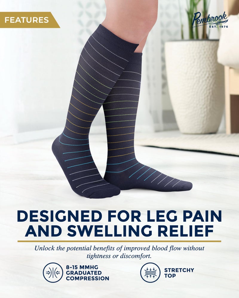 Pembrook Bamboo Viscose Light Compression Socks - 3 Pairs | Mens and Womens Compression Socks 8-15 mmHg | Navy, Dark Grey, Light Grey (Colorful Stripes) - Image 3