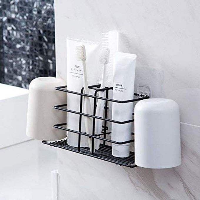TOOTHBRUSH STORAGE RACK ORGANIZER WALL MOUNTED SS TOOTHBRUSH TOOTHPASTE HOLDER WITH 2 CUPS HOLDER FOR BATHROOM STAINLESS STEEL 1PCS