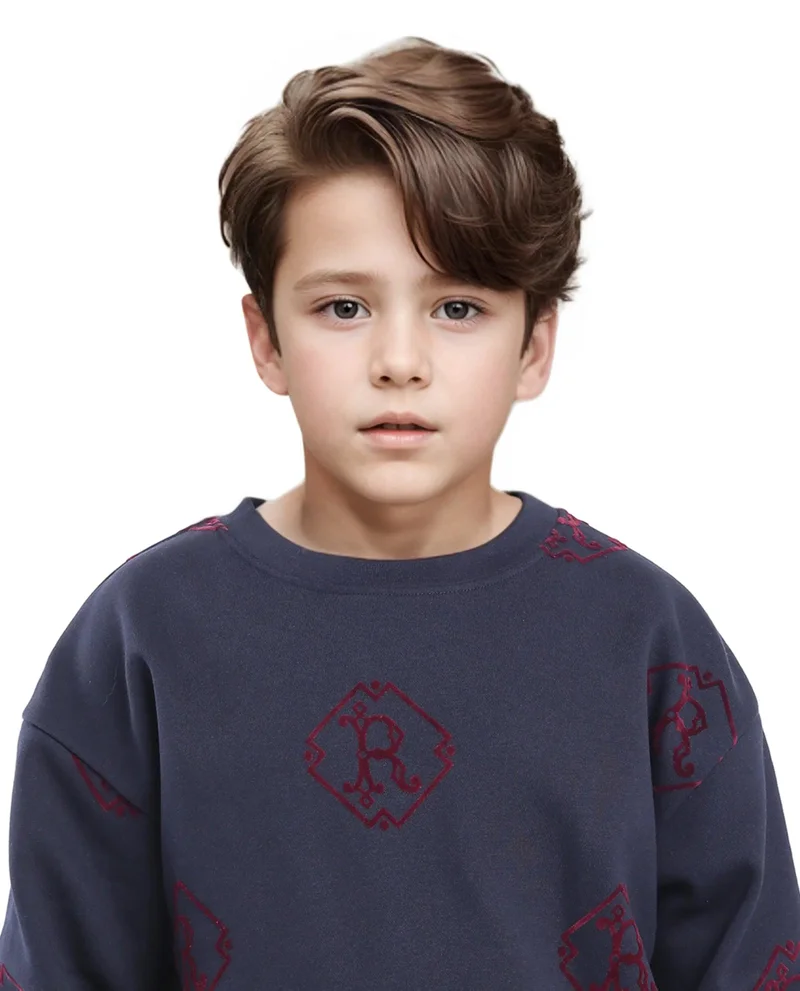 Rare Ones Rare Ones Kids Ronz Navy Cotton Poly Full Sleeve Flock Print Sweatshirt