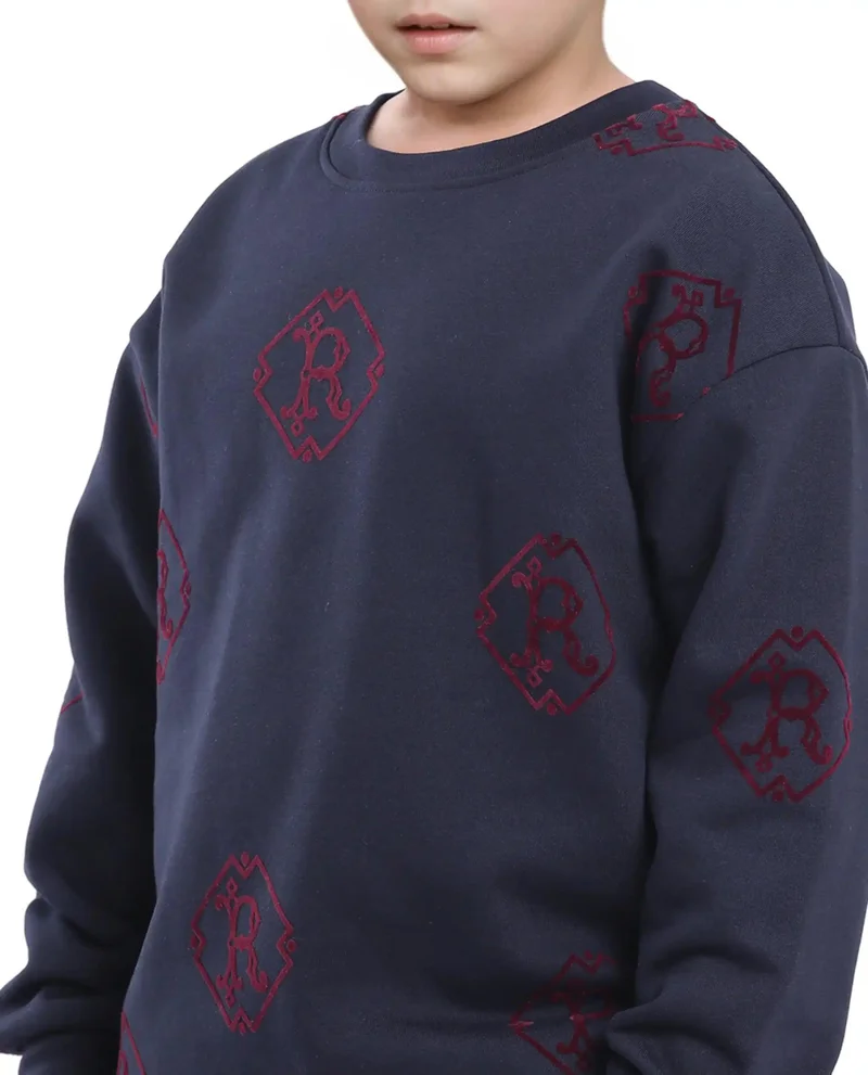 Rare Ones Rare Ones Kids Ronz Navy Cotton Poly Full Sleeve Flock Print Sweatshirt