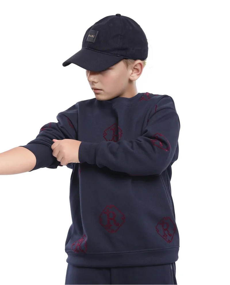 رير ونز Rare Ones Kids Ronz Navy Cotton Poly Full Sleeve Flock Print Sweatshirt