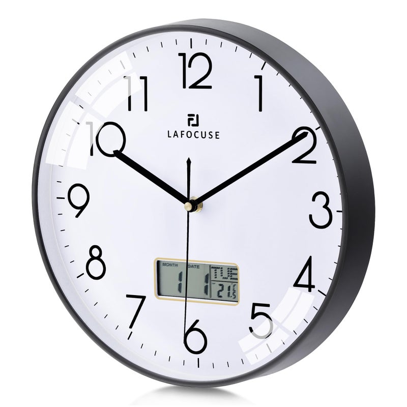 Lafocuse 12 Inch Silent Modern Black Wall Clocks with Date and Day Analog Battery Operated Digital Wall Clock for Living Room Decor Decorative Kitchen Wall Clock for Bedroom Home Office
