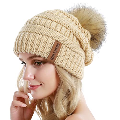 QUEENFUR Women Knit Slouchy Beanie Chunky Baggy Hat with Faux Fur Pompom Winter Soft Warm Ski Cap - Image 2