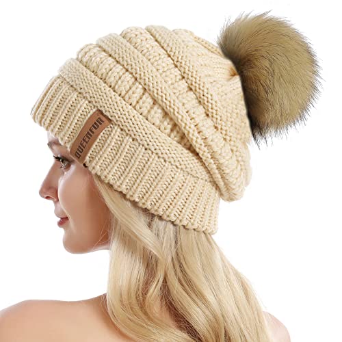 QUEENFUR Women Knit Slouchy Beanie Chunky Baggy Hat with Faux Fur Pompom Winter Soft Warm Ski Cap - Image 1