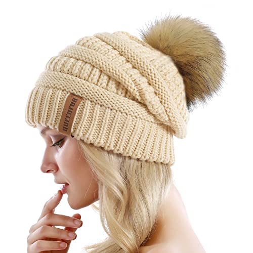 QUEENFUR Women Knit Slouchy Beanie Chunky Baggy Hat with Faux Fur Pompom Winter Soft Warm Ski Cap - Image 3