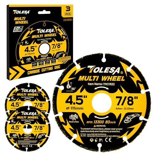 TOLESA 4 1/2 Inch Cut Off Wheels, Carbide Cutting Disc, Angle Grinder Cutting Wheel for Wood, Wood with Nails, Laminate, Plastic, Plaster, 3 Pack - Image 1
