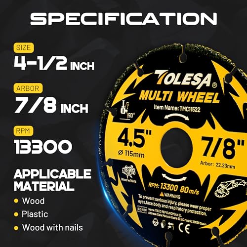 TOLESA 4 1/2 Inch Cut Off Wheels, Carbide Cutting Disc, Angle Grinder Cutting Wheel for Wood, Wood with Nails, Laminate, Plastic, Plaster, 3 Pack - Image 2