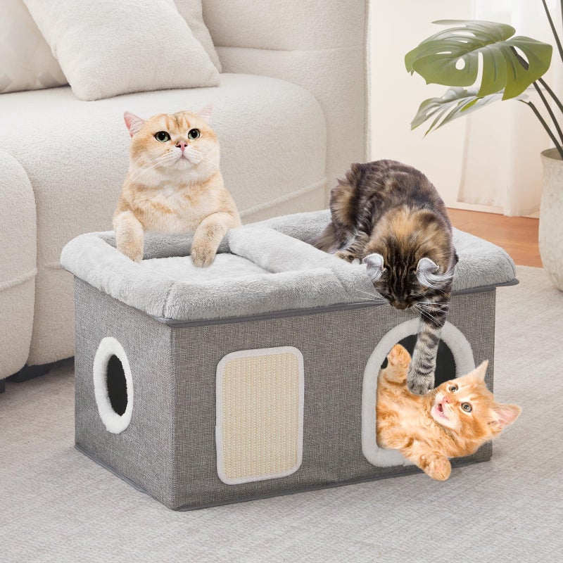 WINDRACING Cat Beds for Indoor Cats - Extra Wide Cat House for Pet and Foldable Cat Cave Bed with Scratch Pad, Cat Hideaway Condo for Kitten, 24.4x16.9x14.2 inches, Light Grey - Image 2
