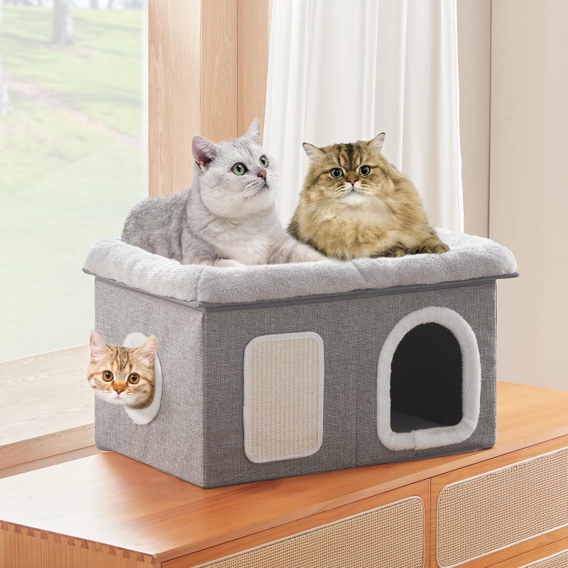 WINDRACING Cat Beds for Indoor Cats - Extra Wide Cat House for Pet and Foldable Cat Cave Bed with Scratch Pad, Cat Hideaway Condo for Kitten, 24.4x16.9x14.2 inches, Light Grey - Image 3