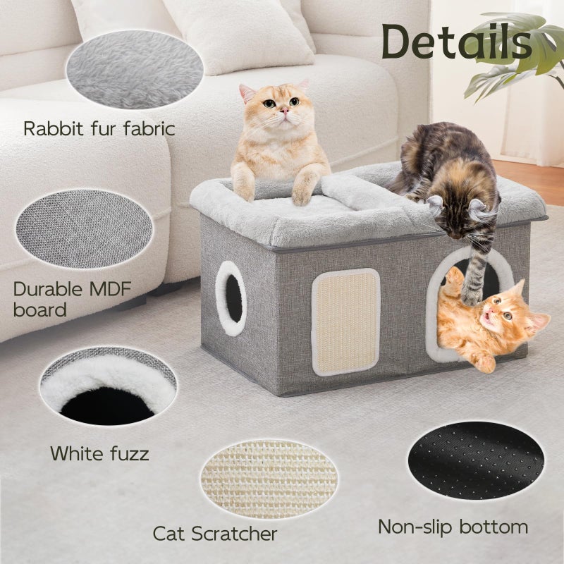 WINDRACING Cat Beds for Indoor Cats - Extra Wide Cat House for Pet and Foldable Cat Cave Bed with Scratch Pad, Cat Hideaway Condo for Kitten, 24.4x16.9x14.2 inches, Light Grey - Image 5