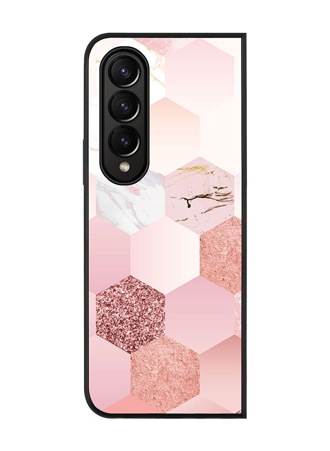 Stylizedd جراب بحافة سوداء متينة لهاتف Samsung Galaxy Z Fold4 جراب رفيع وناعم بحواف مطاطية مرنة ومضاد للسقوط وغطاء رقيق من جل TPU - وردي رخامي على شكل قرص العسل - Image 1