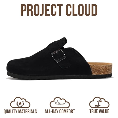 Project Cloud Mens Clogs - 100% Full Grain Genuine Leather Clogs for Men with Memory Foam Insole and Arch Support Natural Cork Footbed - Non Slip Mules Mens Slippers (Brooklyn, BLKSUEDE, 10.5) - Image 4