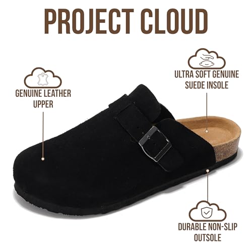 Project Cloud Mens Clogs - 100% Full Grain Genuine Leather Clogs for Men with Memory Foam Insole and Arch Support Natural Cork Footbed - Non Slip Mules Mens Slippers (Brooklyn, BLKSUEDE, 10.5) - Image 3