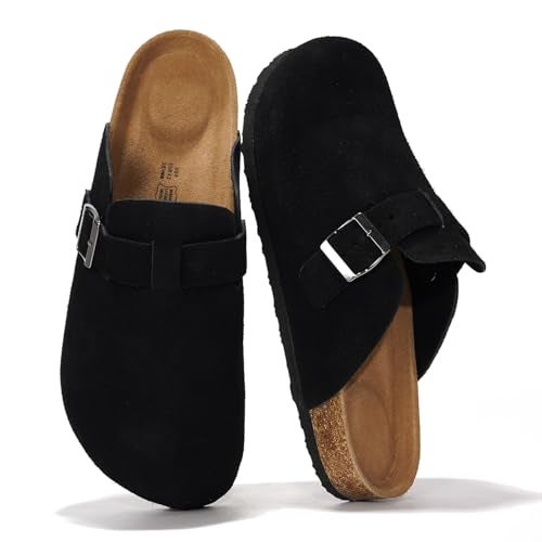 Project Cloud Mens Clogs - 100% Full Grain Genuine Leather Clogs for Men with Memory Foam Insole and Arch Support Natural Cork Footbed - Non Slip Mules Mens Slippers (Brooklyn, BLKSUEDE, 10.5) - Image 1