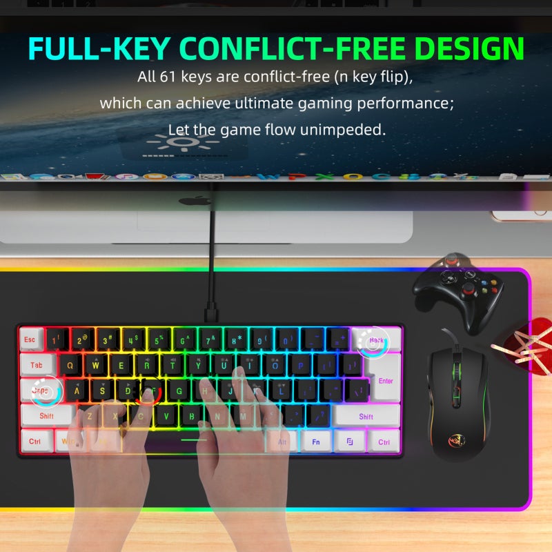 لوحة مفاتيح RGB سلكية: سوداء، 6 تأثيرات إضاءة خلفية، ضبط مستوى الصوت - فأرة ألعاب سلكية ب 4 مستويات DPI قابلة للتعديل، تصميم منسجم مع أنماط الجسد للعب والاستخدام المكتبي - Image 3