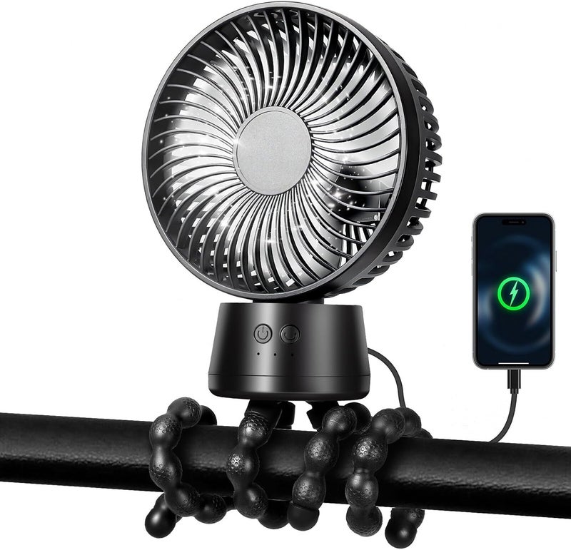 POPERFUN Stoller Fan 10000 mAh, Stoller Fan with LED Light, Rotating USB Fan, 3 Speeds, Suitable for Pushchairs, Cribs, Car Seats, Travel - Image 1