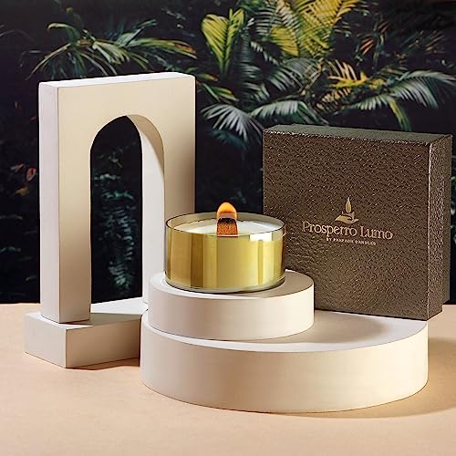 PROSPERRO LUMO by Parkash Candles Premium Scented Glass Candle for Home Decor || Wooden Wick || 100% Soy Wax (Jasmine) - Image 1