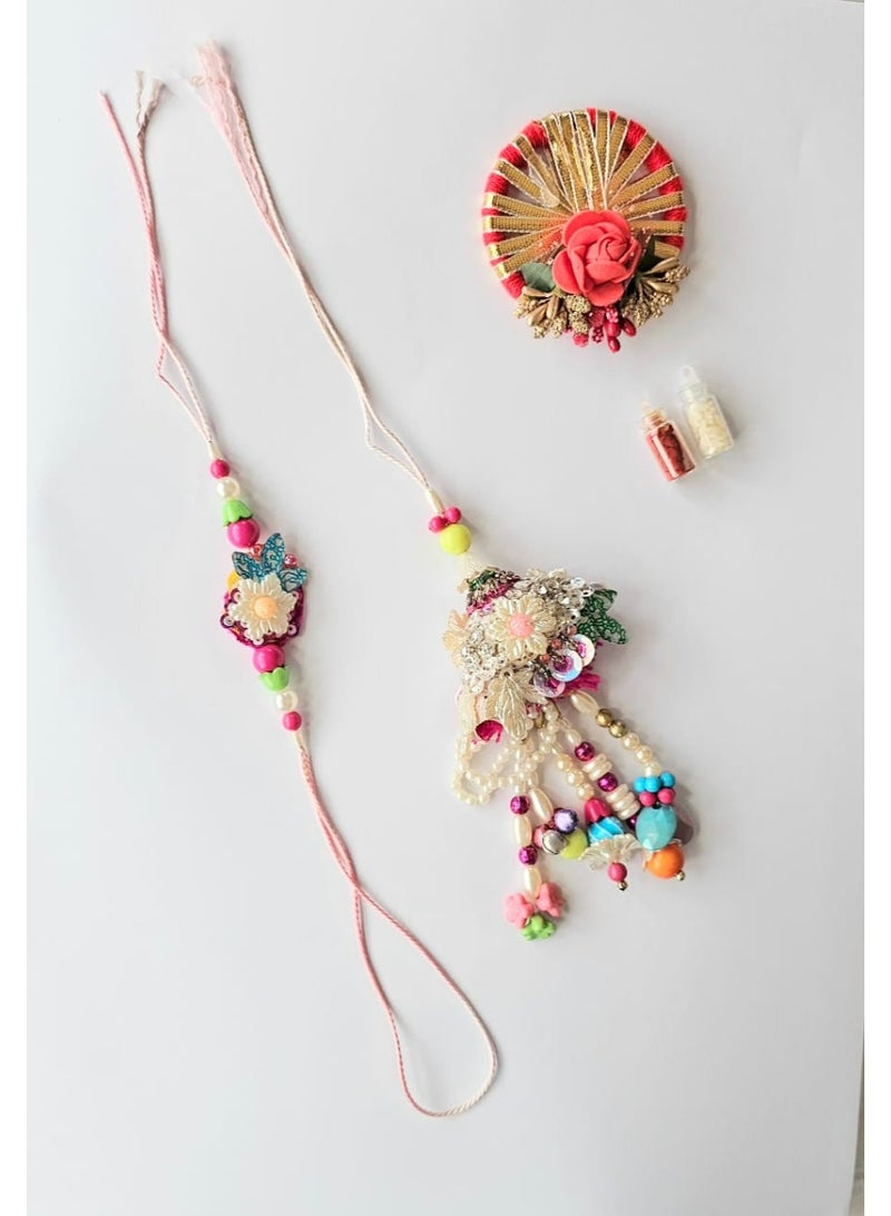 Designer Bhai-Bhabhi Rakhi Set with Roli Chawal | Traditional Raksha Bandhan Gift Combo | Handcrafted Ethnic Rakhi for Brother & Sister-in-Law (Design 6)  - Image 1