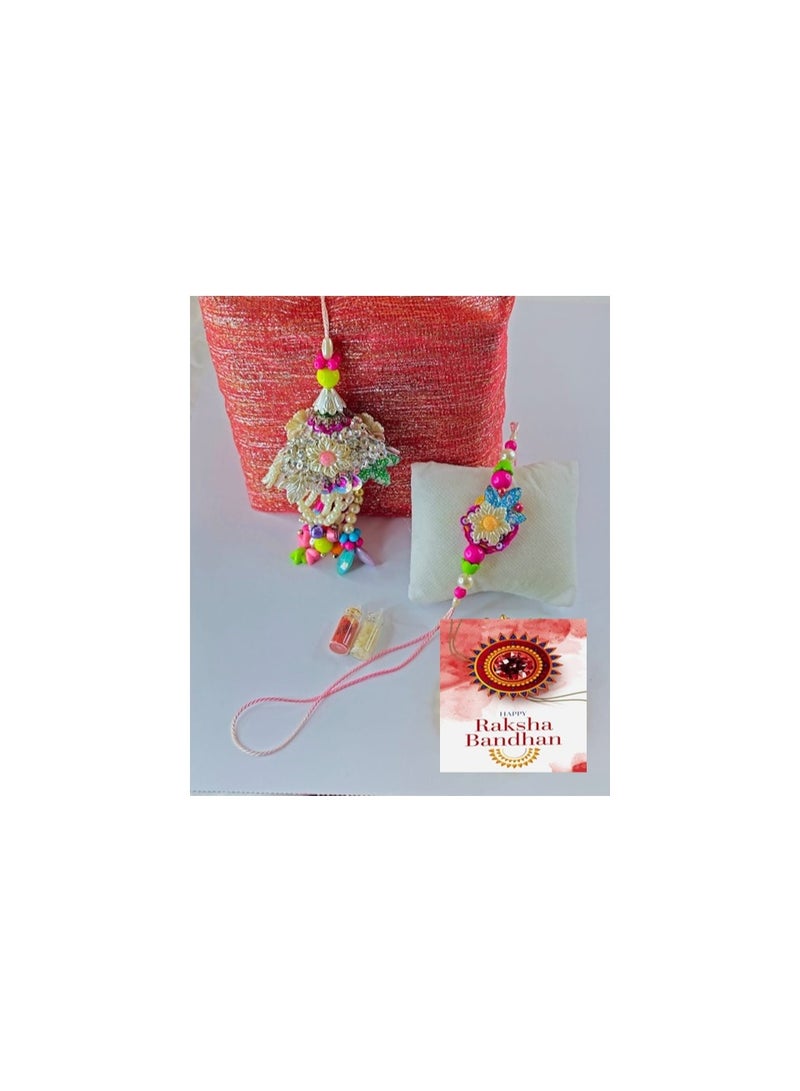 Designer Bhai-Bhabhi Rakhi Set with Roli Chawal | Traditional Raksha Bandhan Gift Combo | Handcrafted Ethnic Rakhi for Brother & Sister-in-Law (Design 6) - Image 2
