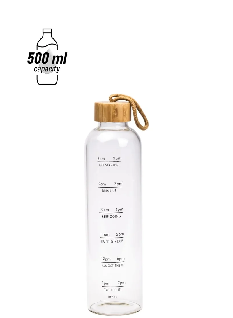 Cuisine Art Ross Motivation Borosilicate Glass Bottle 500ml Glass Water Bottle with Time Marker, Leak Proof Bpa Free Motivational Water Bottle with Bamboo Lid For Sports, Outdoors, Office and Home