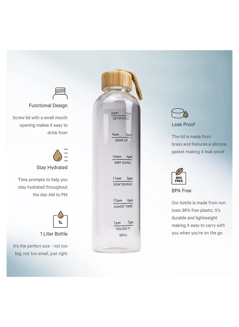 Cuisine Art Ross Motivation Borosilicate Glass Bottle 500ml Glass Water Bottle with Time Marker, Leak Proof Bpa Free Motivational Water Bottle with Bamboo Lid For Sports, Outdoors, Office and Home