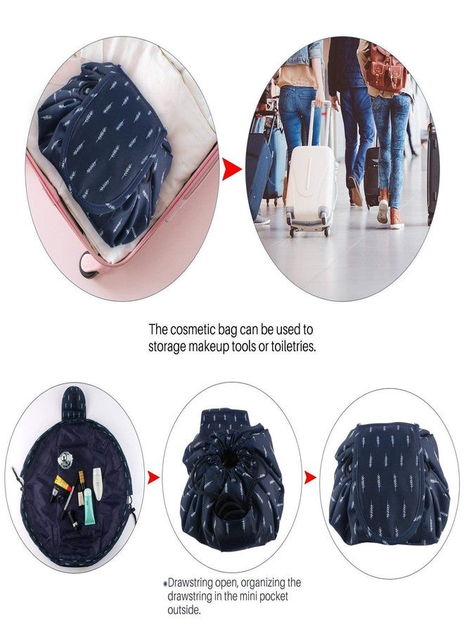 Stadash Waterproof Drawstring Makeup Bag for Travel, Large Capacity Lazy Cosmetic Pouch, Foldable Vanity Organizer, Portable Toiletry Storage Bag for Women, Multifunctional Makeup Pouch (Nevy Blue) - Image 4