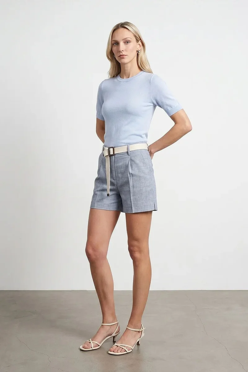 Dilvin Maya Blue DILVIN Belted High-waist Tailored Shorts for Women | Best Price UAE
