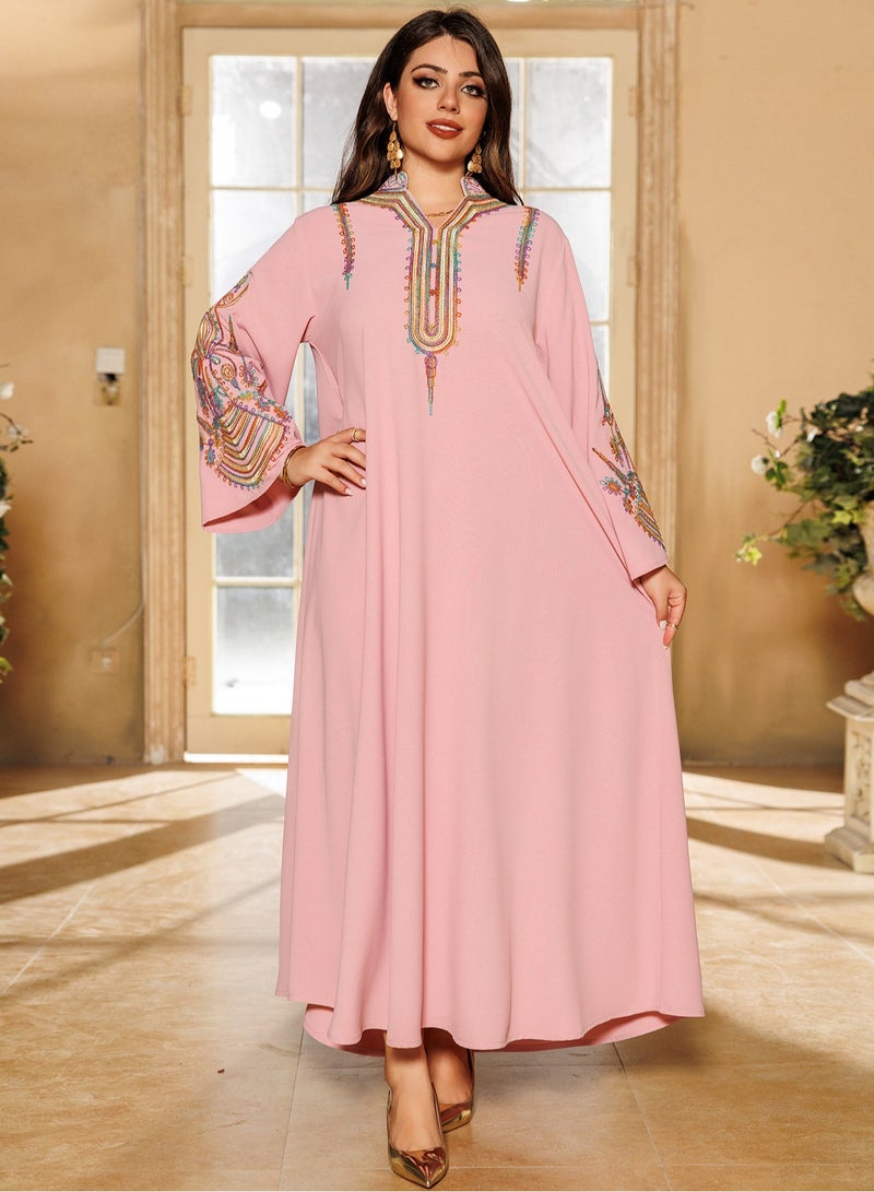 Embroideried Muslim Dubai Woman’s Abayas V-Neck Long Dresses Moroccan Islamic Loose Robe Arab Clothing  - Image 1